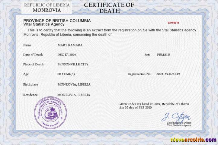 Liberia death certificate